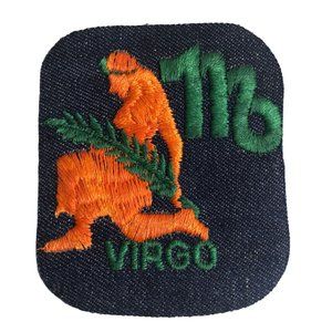 Vintage Rumper Stitcher Embroidered Iron On Patch Astrology Virgo Orange Denim